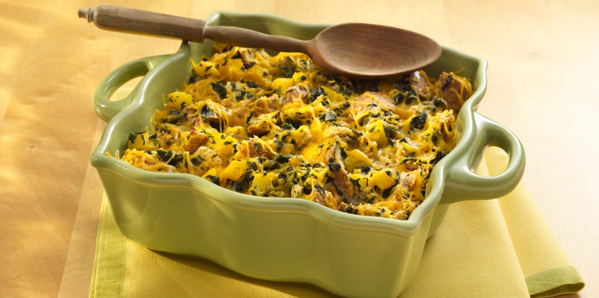 Cheesy Squash and Spinach Bread Pudding Sargento Cheese Recipes